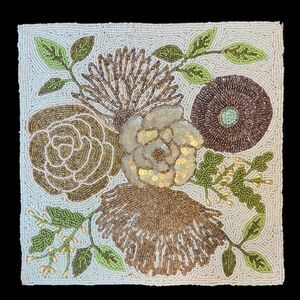 Hand Beaded Square Placemat Glass Beads Floral Neutral